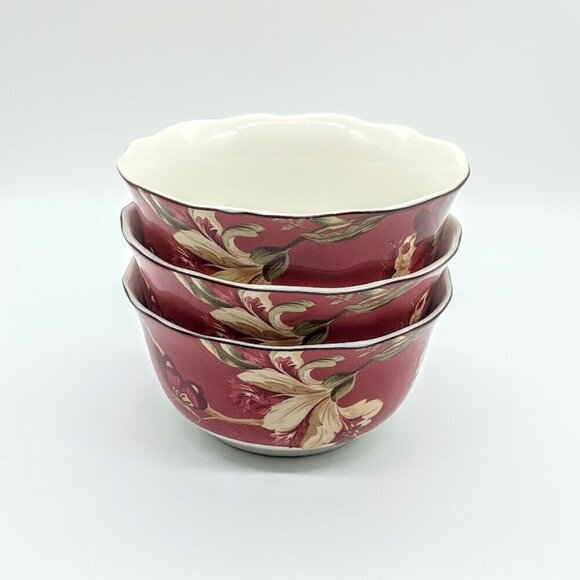 222 Fifth Summer Botanical Lutece Fleur Rouge Coupe Cereal Bowls (3) - Picture 1 of 8